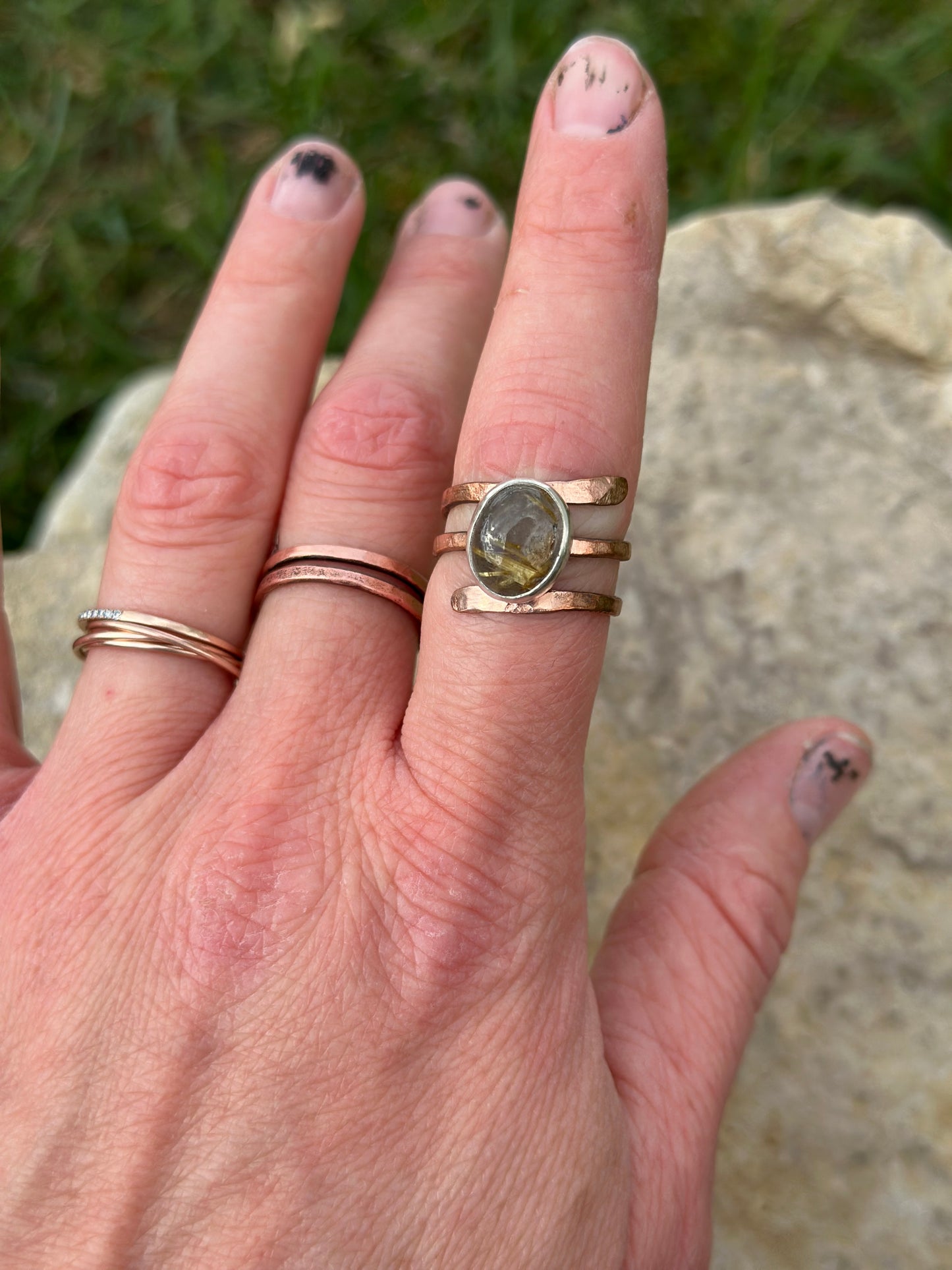 Golden Rutilated Quartz Mixed Metal Adjustable Ring