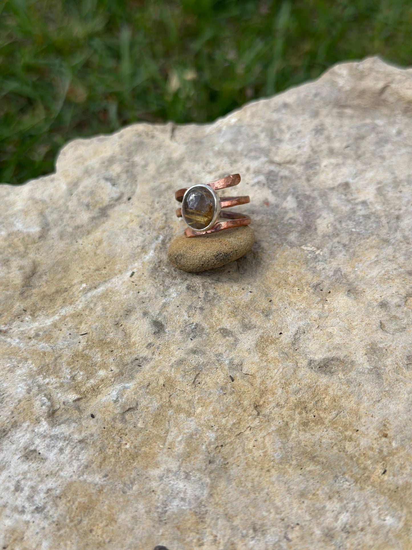 Golden Rutilated Quartz Mixed Metal Adjustable Ring