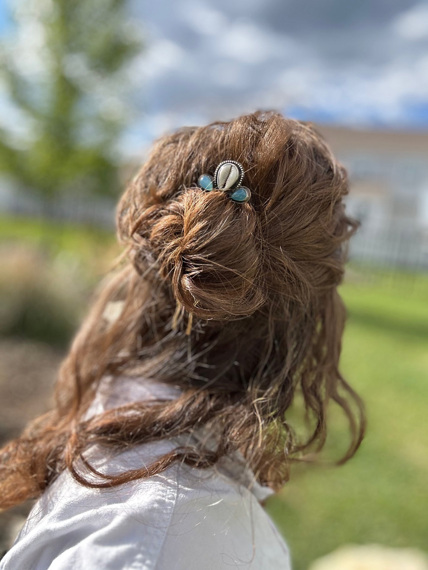 Seashell and Chalcedony Mixed Metal Large Hair Pin