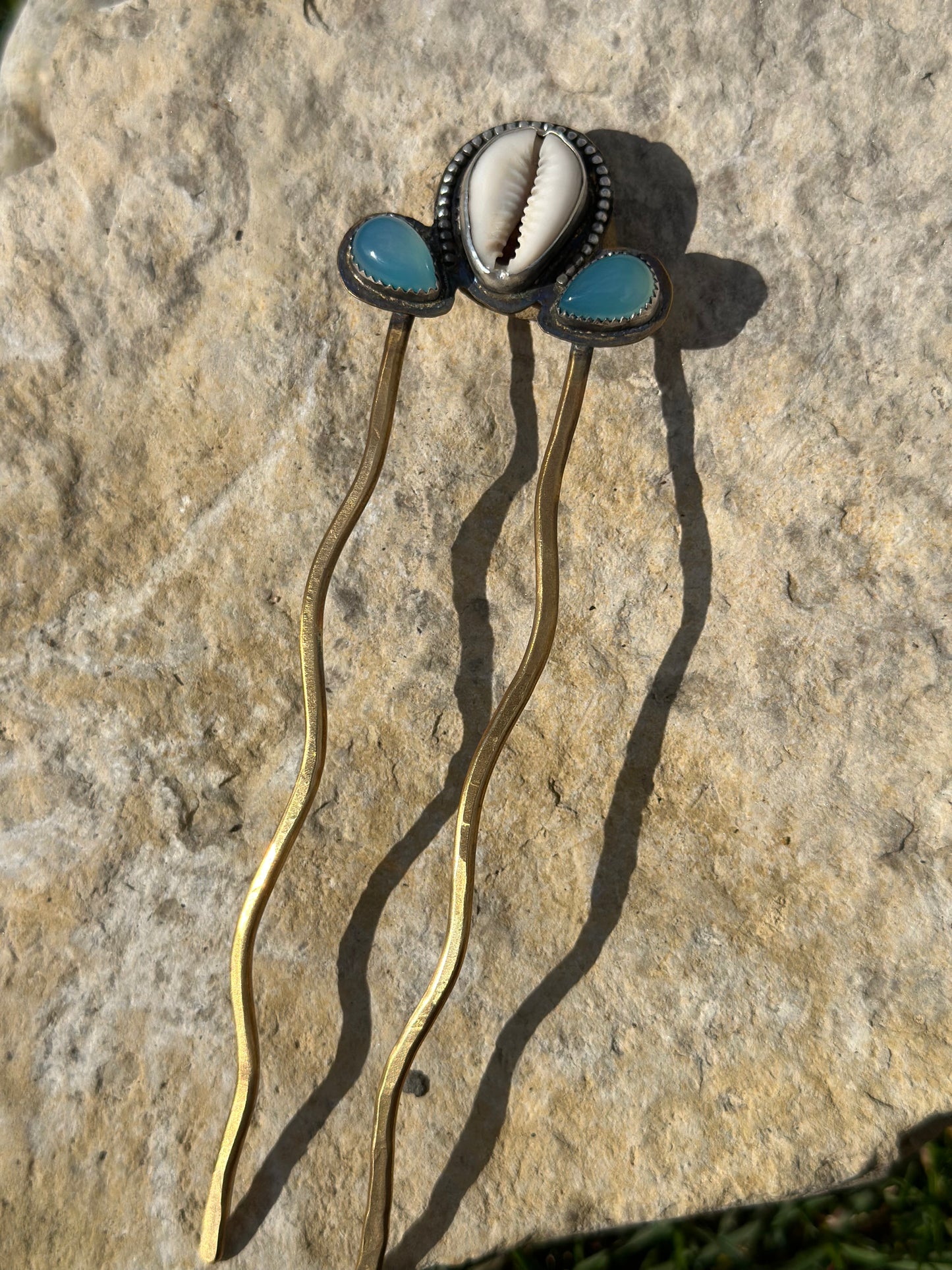 Seashell and Chalcedony Mixed Metal Large Hair Pin