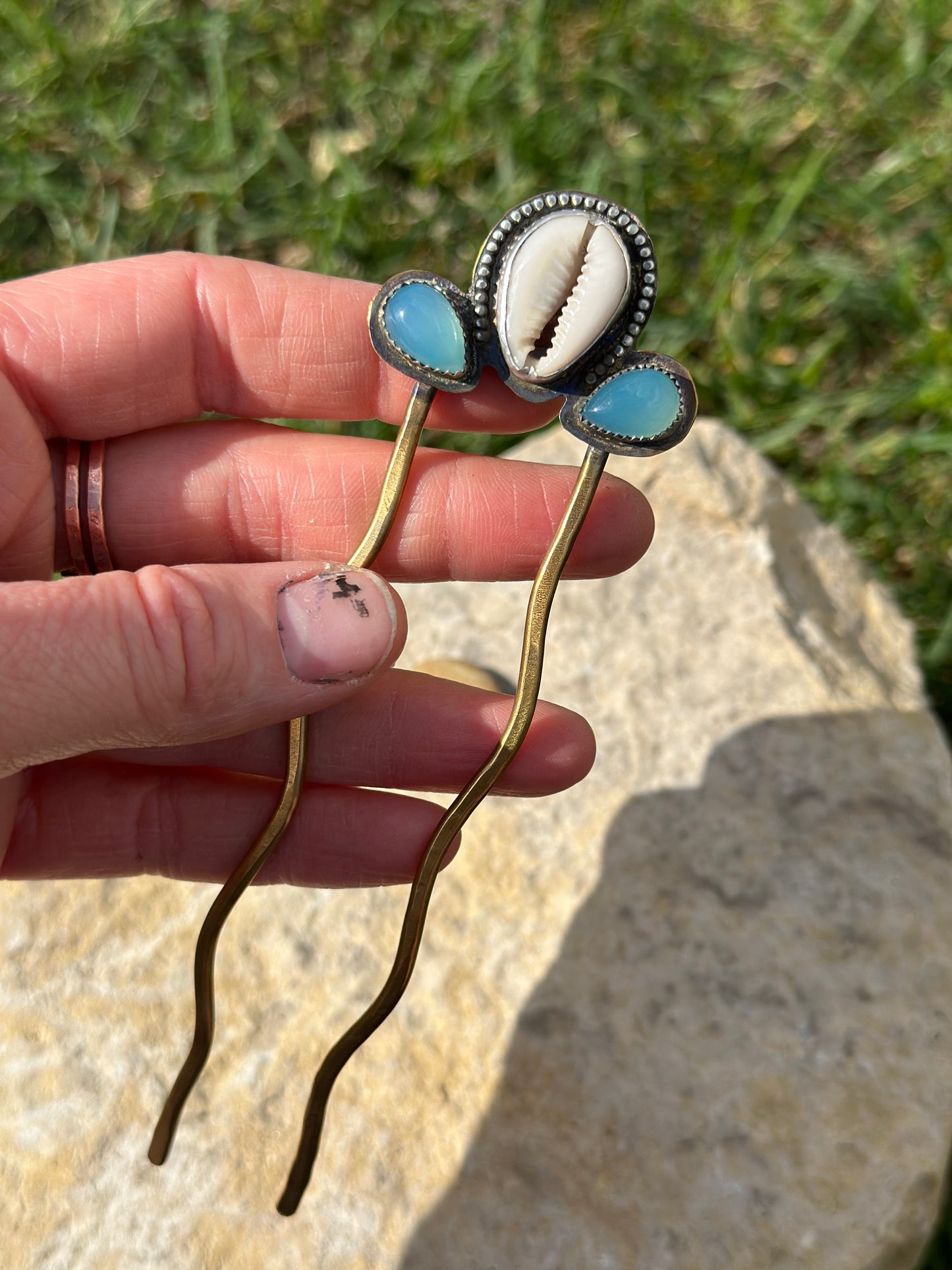 Seashell and Chalcedony Mixed Metal Large Hair Pin
