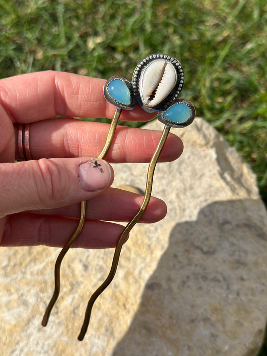 Seashell and Chalcedony Mixed Metal Large Hair Pin